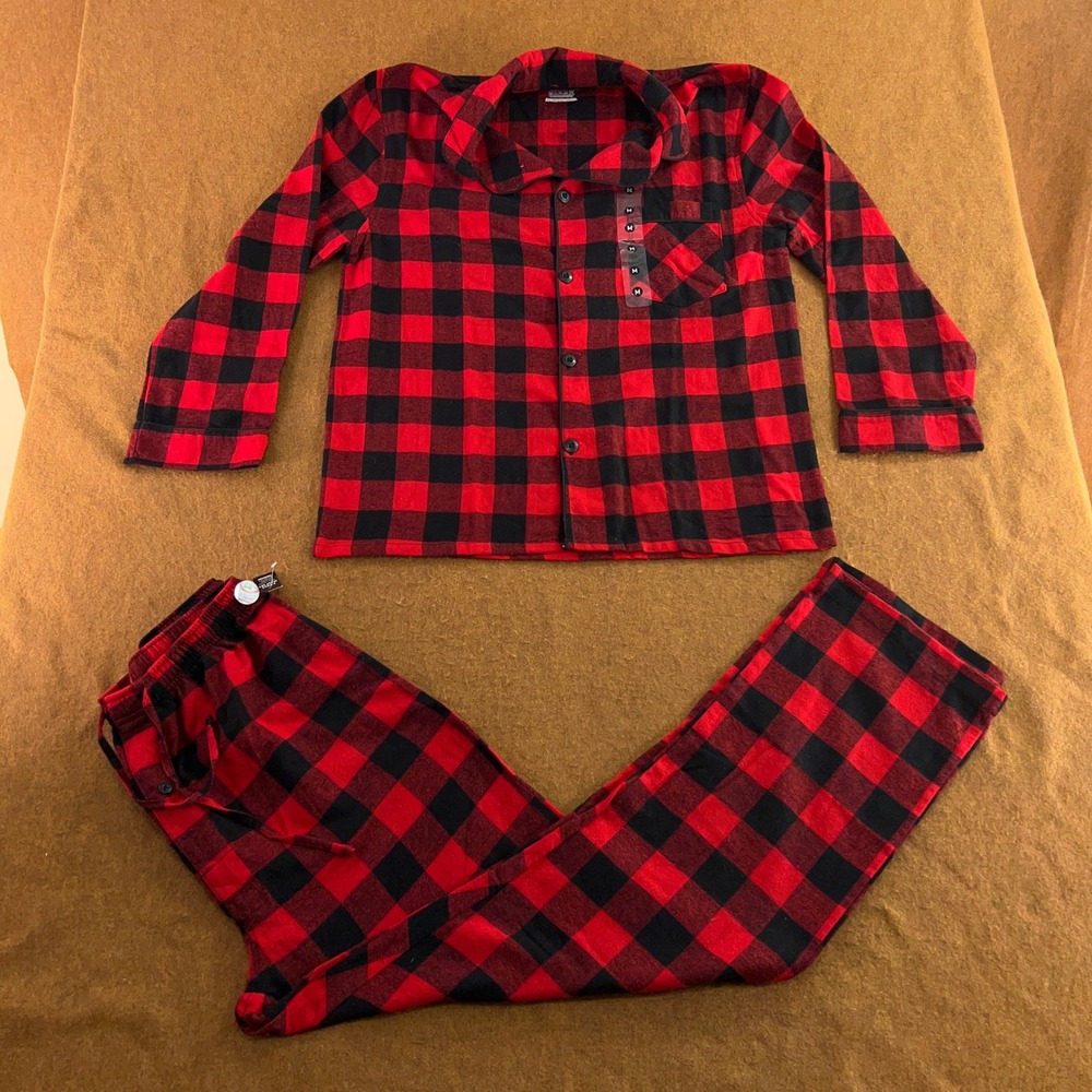 Hanes Mens Medium Red Black Buffalo Plaid 2 Piece Pajama Set New